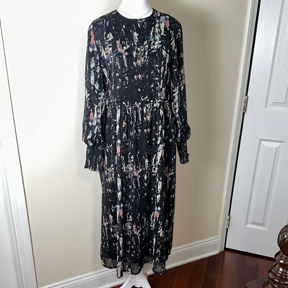 creative genius M Midnight Navy Multi Silver Metallic Long Sleeve Maxi Dress
